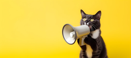 Cat announcing using hand speaker. Notifying, warning, announcement. - obrazy, fototapety, plakaty