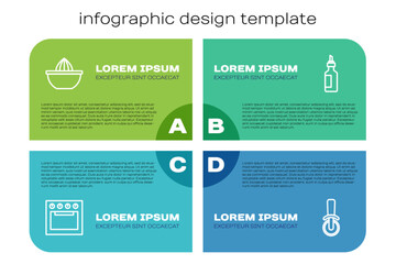 Set line Oven, Citrus fruit juicer, Pizza knife and Bottle of olive oil. Business infographic template. Vector
