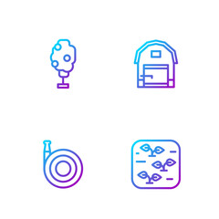 Set line Plant, Garden hose, Tree with apple and Farm house. Gradient color icons. Vector