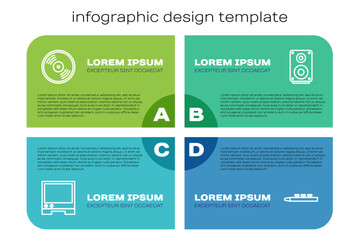 Fototapeta premium Set line Voice assistant, Vinyl disk, Drum and drum sticks and Stereo speaker. Business infographic template. Vector
