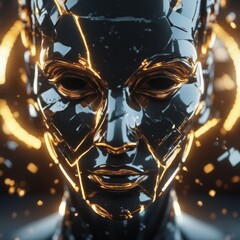 futuristic robot cyborg head with glowing particles. 3d rendering futuristic robot cyborg head with glowing particles. 3d rendering 3d render of a cyborg head with a golden face