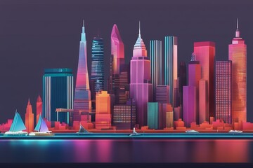 colorful cityscape of modern city with neon lights and reflection on water. night view. 3d rendering colorful cityscape of modern city with neon lights and reflection on water. night view. 3d renderin