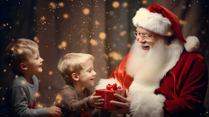 Santa Claus giving christmas gift to children in december