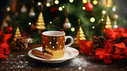 Decorated ceramic coffee cup with background of christmas tree