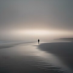 Fototapeta premium A solitary figure standing on a desolate, foggy beach4