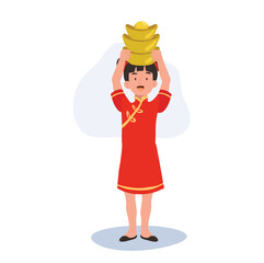 Cute Child in Chinese Cultural Dress Celebrating Lunar New Year with Gold. Little Kid in Chinese Traditional Costume with Gold