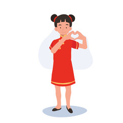 Happy Girl in Red Chinese traditional Costume Making Hand Heart Shape Gesture