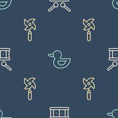 Set line Drum with drum sticks, Pinwheel toy and Rubber duck on seamless pattern. Vector
