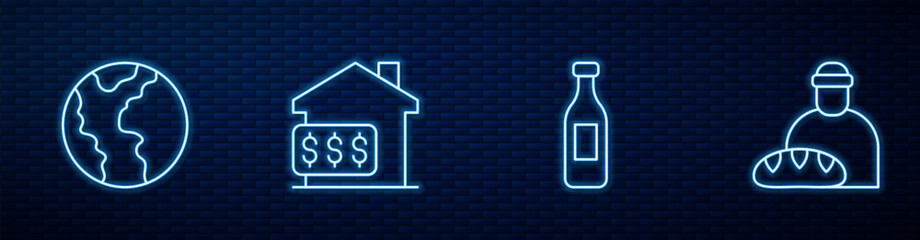 Set line Bottle of water, Global economic crisis, House with dollar and Feeding the homeless. Glowing neon icon on brick wall. Vector