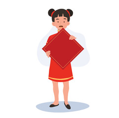 Happy Smiling cute little Child in Chinese Oriental Dress with square Red Paper.