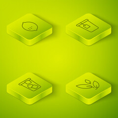 Set Isometric line Cup with tea bag, Ice, Tea leaf and Lemon icon. Vector