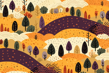 Rolling fields of crops quirky doodle pattern, wallpaper, background, cartoon, vector, whimsical Illustration