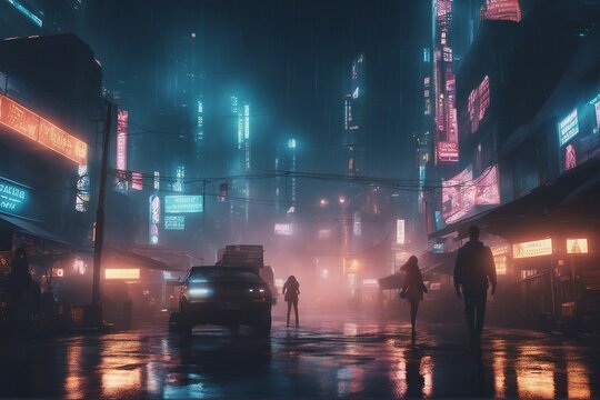 Cyberpunk streets illustration futuristic city dystoptic artwork at night 4k wallpaper Rain foggy