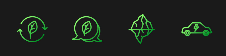Set line Iceberg, Recycle symbol with leaf, Leaf Eco and Electric car. Gradient color icons. Vector