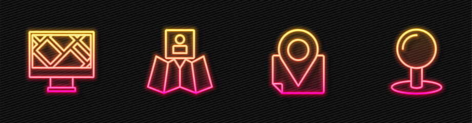 Set line Folded map with location marker, Monitor, and Push pin. Glowing neon icon. Vector