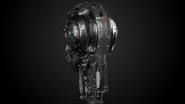 Turntable 360 degree animation of futuristic robot head or very detailed humanoid cyborg face. 3d rendering isolated on black background with alpha