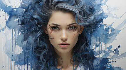 Graphic Sketch of a Gorgeous Woman Face Portrait Made of Blue Wet Paint-Inks Background