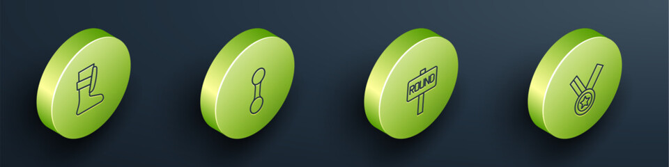 Set Isometric line Sport boxing shoes, Dumbbell, Boxing ring board and Medal icon. Vector