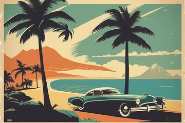 Poster vintage car with a palm tree on the road. vintage car with a palm tree on the road. vintage car and tropical trees on the beach. © Shubham