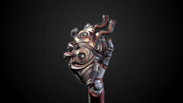 Robotic arm holds detailed artificial heart or metallic woman hand shows cybernetic organ with moving gear and pistons. 3d rendering animation isolated on dark background with alpha
