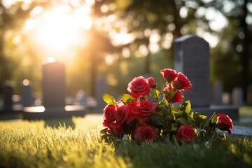 Red roses on a grave at a cemetery during the sunset with copy space