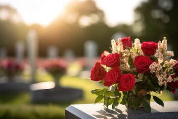 Obraz premium Red roses on a grave at a cemetery during the sunset with copy space