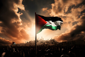 Palestinian people waving Palestine flag due to victory - obrazy, fototapety, plakaty