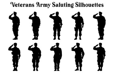 Veterans Army Saluting Vector Silhouettes Bundle, Soldier silhouettes collection for Veterans Day, Army soldier force silhouettes