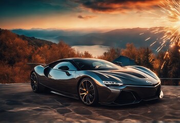 luxury car in the mountains 3d illustration of a brand - sports car on the road luxury car in the mountains - obrazy, fototapety, plakaty