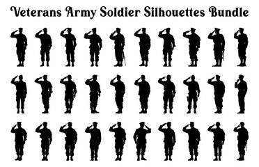 Veterans Army Saluting Vector Silhouettes Bundle, Soldier silhouettes collection for Veterans Day, Army soldier force silhouettes - obrazy, fototapety, plakaty