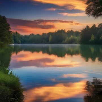 A serene sunset over a calm lake, evoking a sense of tranquility1