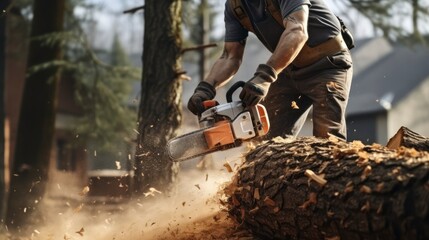 Sawdust flies from chainsaw. Woodcutter saws tree with chainsaw. Generative AI