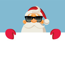 Vector Santa Claus Holding a Blank Placard for Message Announcement. Cool Santa announcing winter sales during the holidays
