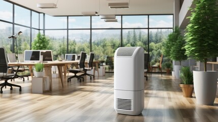 Modern Office, Purified Ambiance. Air Purifier In Modern Open Plan Office For Fresh Air And Healthy Life. Generative AI