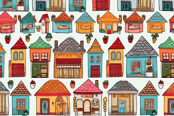 Country store fronts quirky doodle pattern, wallpaper, background, cartoon, vector, whimsical Illustration