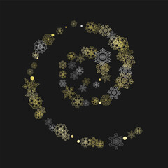 Glitter snowflakes frame on black background. Winter window. Shiny Christmas and New Year frame for gift certificate, ads, banners, flyers. Falling snow with golden glitter snowflakes for party invite