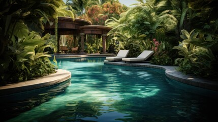 Luxurious swimming pool sits surrounded by a lush garden, offering a private paradise