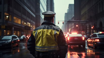 Dedicated policeman directs traffic, ensuring smooth and safe flow in the bustling city - obrazy, fototapety, plakaty