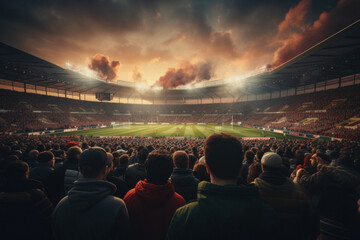 Crowd of football fans at stadium, cheering for game of their favorite teams - Powered by Adobe