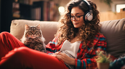 Beautiful girl sits in cozy home chair wearing headphones, hugging cat, relaxing, listening to music - obrazy, fototapety, plakaty