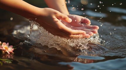 Fototapeta premium Water conservation, ecology and environment concept. Water flowing in to children hand. Generative AI