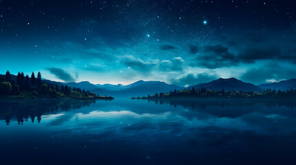 Night sky with stars over a mountain lake