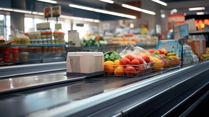 Goods move along the conveyor belt at a supermarket checkout - obrazy, fototapety, plakaty