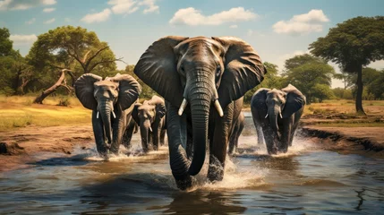 Foto op Aluminium An elephant herd in the wild, featuring united herds walking together and playing in the water. Generative AI © Gasspoll