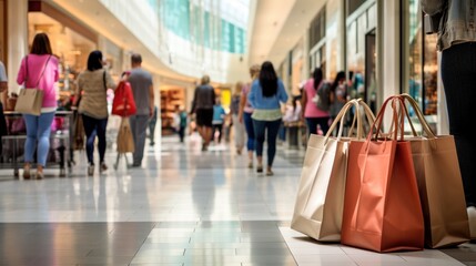 Shoppers stroll through the mall, bags in hand, enjoying a day of retail indulgence