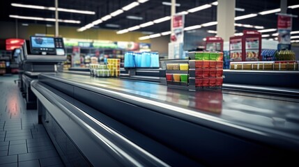 Goods move along the conveyor belt at a supermarket checkout