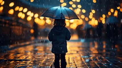 Child grips an umbrella, braving the city rain, puddles reflecting the urban glow