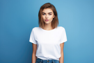 retrato mujer joven  sonriente vistiendo camiseta blanca de manga corta y jeans  sobre fondo  azul claro con espacio vacio  - obrazy, fototapety, plakaty