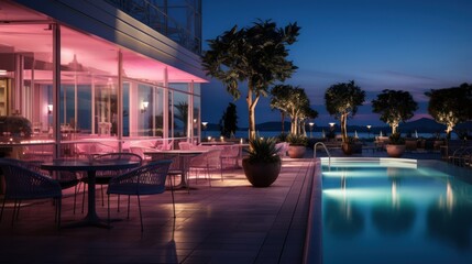 An outdoor cafe, bathed in the soft glow of dawn, sits invitingly next to a serene swimming pool