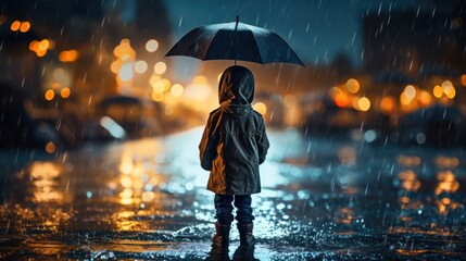 Child grips an umbrella, braving the city rain, puddles reflecting the urban glow - obrazy, fototapety, plakaty